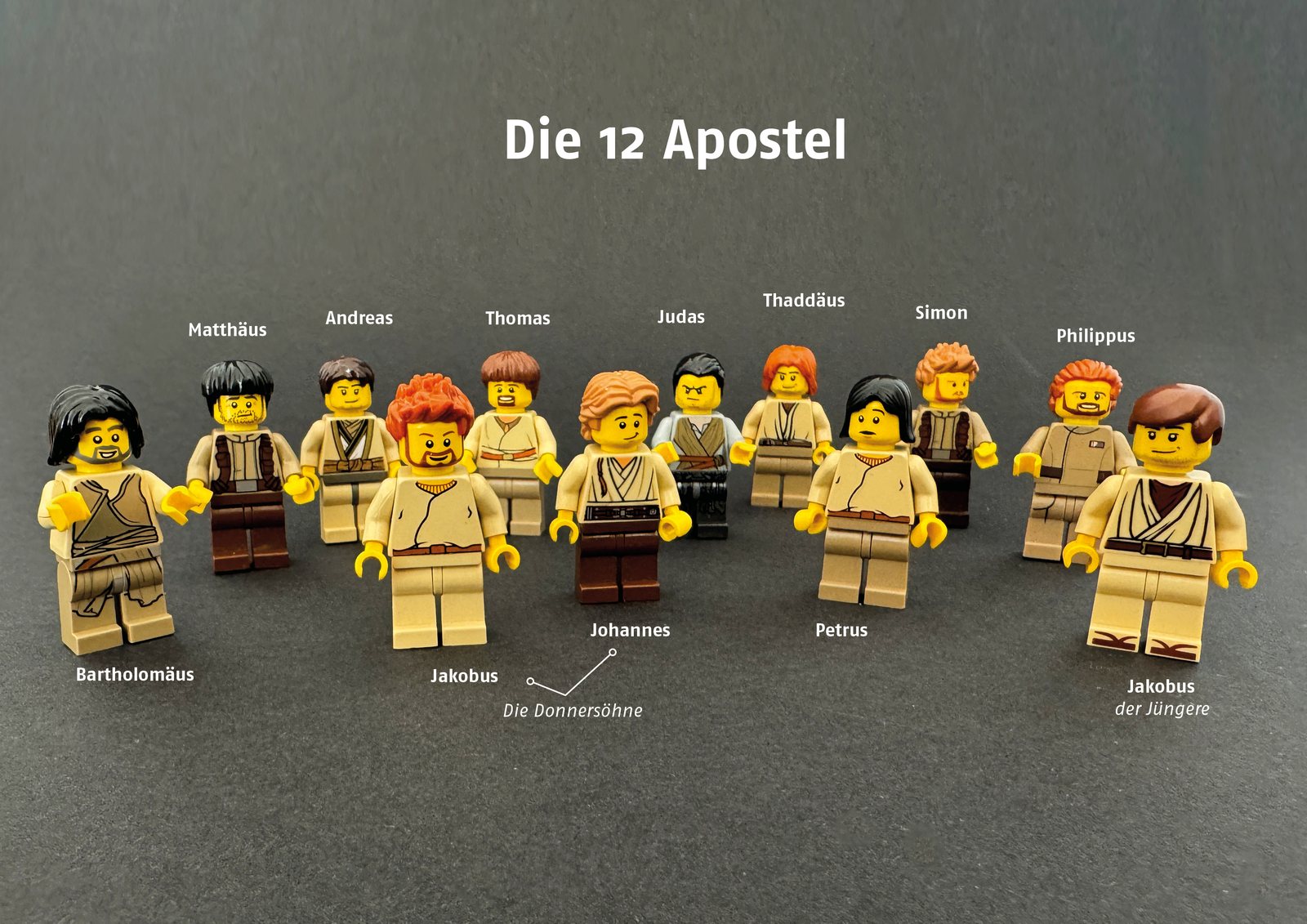 Die zwölf Apostel als Minifiguren in Papiergewändern vor dunklem Grund, jede mit Namen beschriftet, Jakobus und Johannes als „die Donnersöhne“ markiert