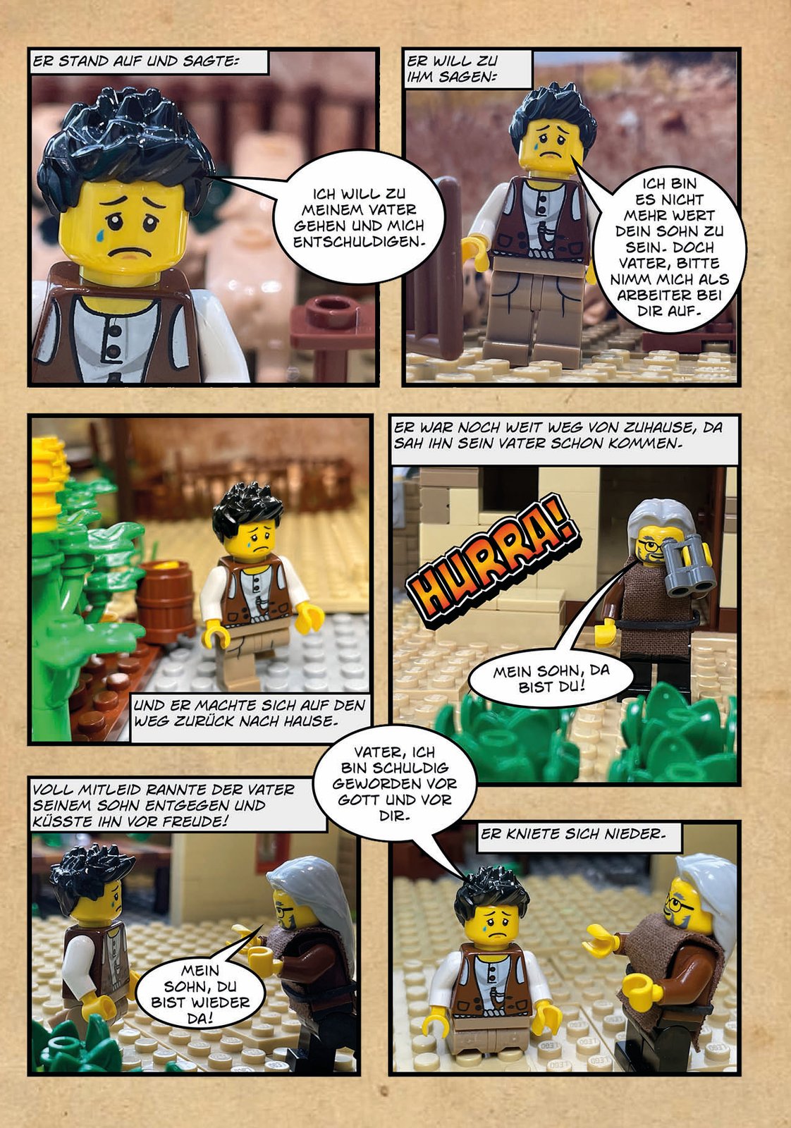 Comicseite: Der Sohn macht sich traurig auf den Heimweg, der Vater sieht ihn kommen und läuft ihm entgegen