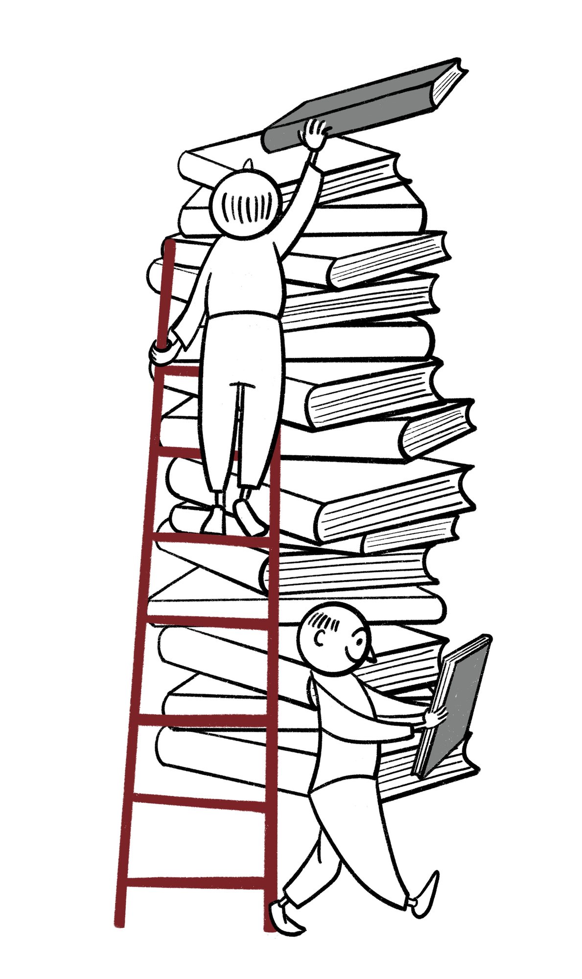 Illustration: Eine Figur auf einer roten Leiter legt ein Buch oben auf einen riesigen Bücherstapel, eine zweite Figur trägt ein Buch davon