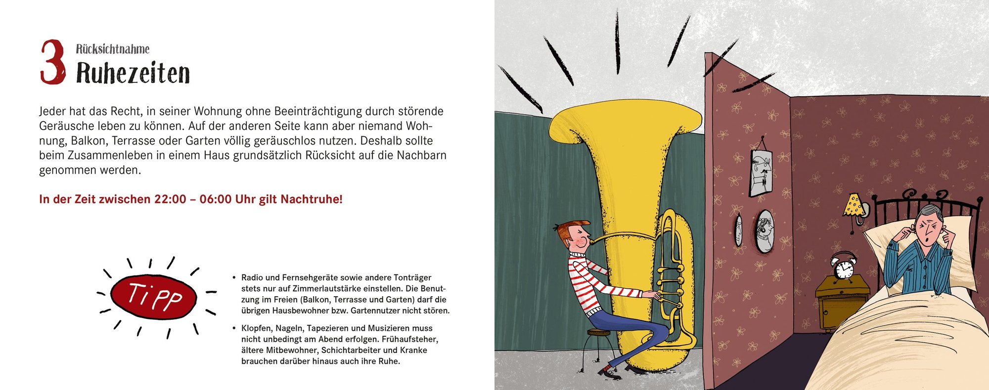 Doppelseite „3 Ruhezeiten“: Ein Mann spielt laut Tuba, im Zimmer nebenan hält sich ein Nachbar im Bett die Ohren zu; links Text und Tipps zur Nachtruhe