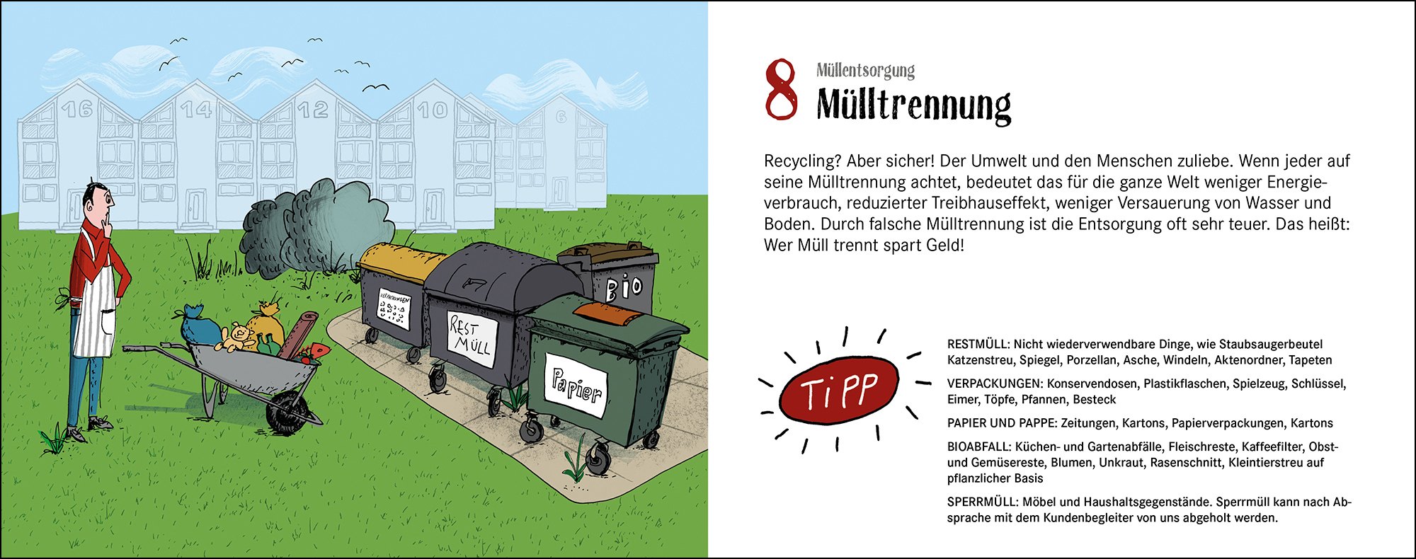 Doppelseite „8 Mülltrennung“: Ein Mann mit Schürze steht nachdenklich mit seiner Schubkarre voller Müll vor Tonnen für Restmüll, Papier und Bio, rechts Text und Tipps zur Mülltrennung