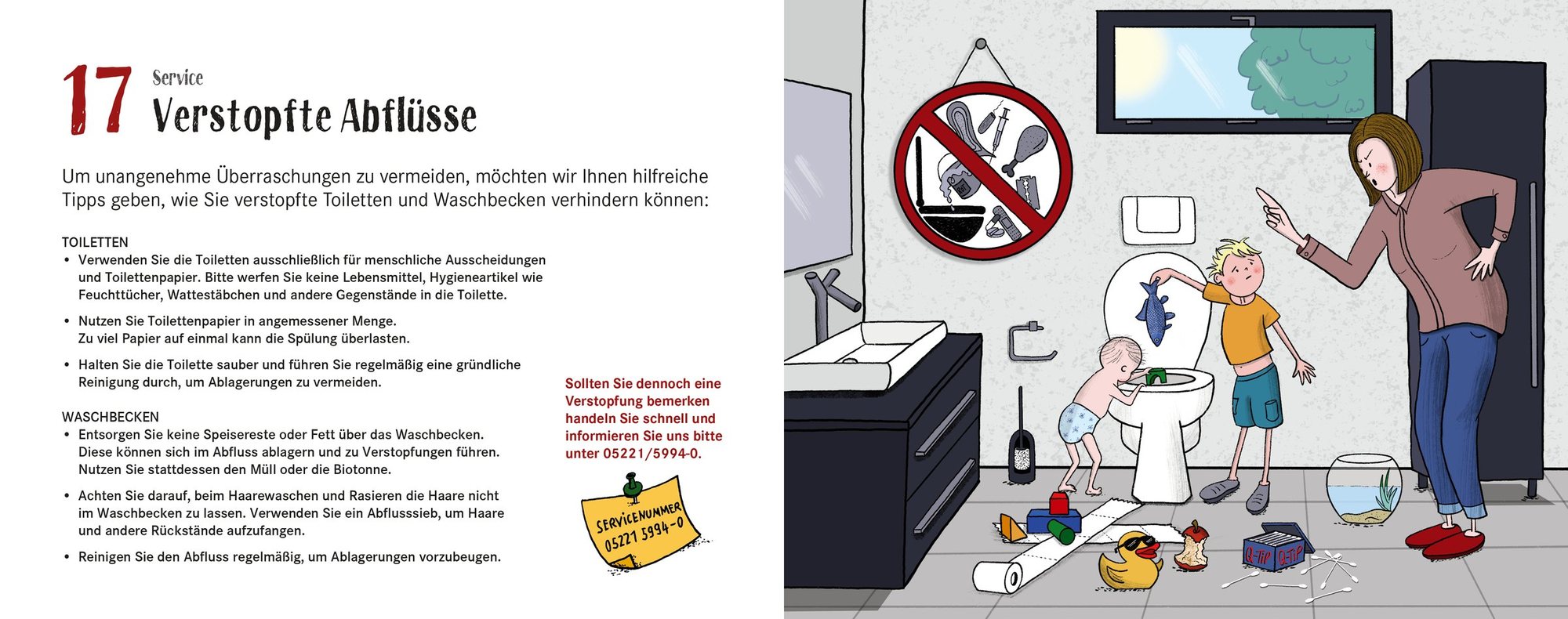 Doppelseite „17 Verstopfte Abflüsse“: Zwei Kinder werfen Spielzeug und einen Fisch in die Toilette, die Mutter schimpft, links Tipps gegen verstopfte Toiletten und Waschbecken
