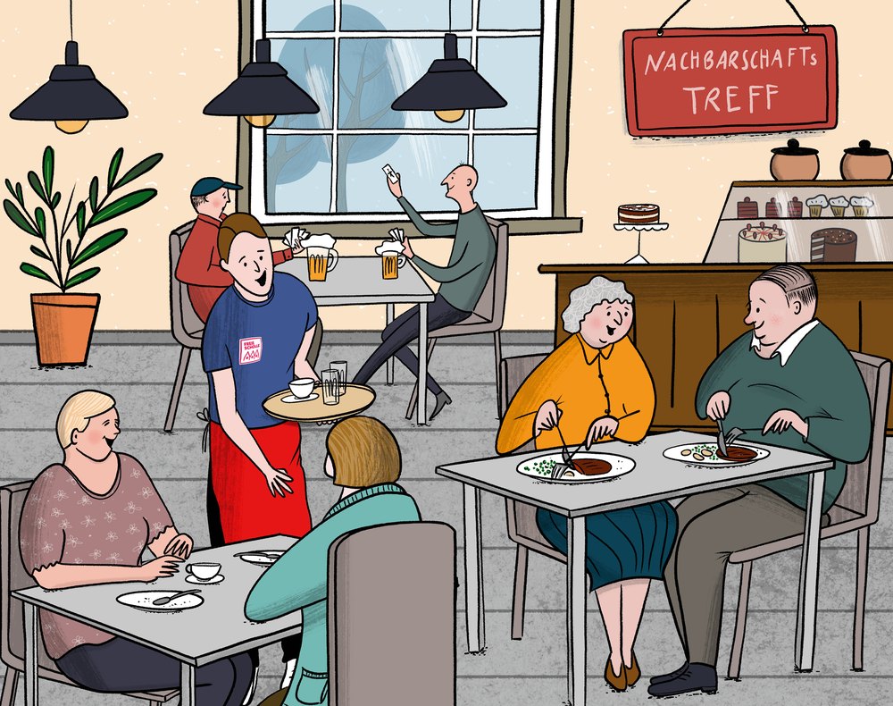 Nachbarn sitzen beim Essen und Kaffee zusammen im Nachbarschaftstreff, eine Frau mit roter Schürze bedient