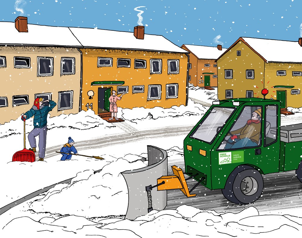 Ein grünes Räumfahrzeug schiebt Schnee vor einer Wohnsiedlung, Bewohner schippen den Gehweg frei
