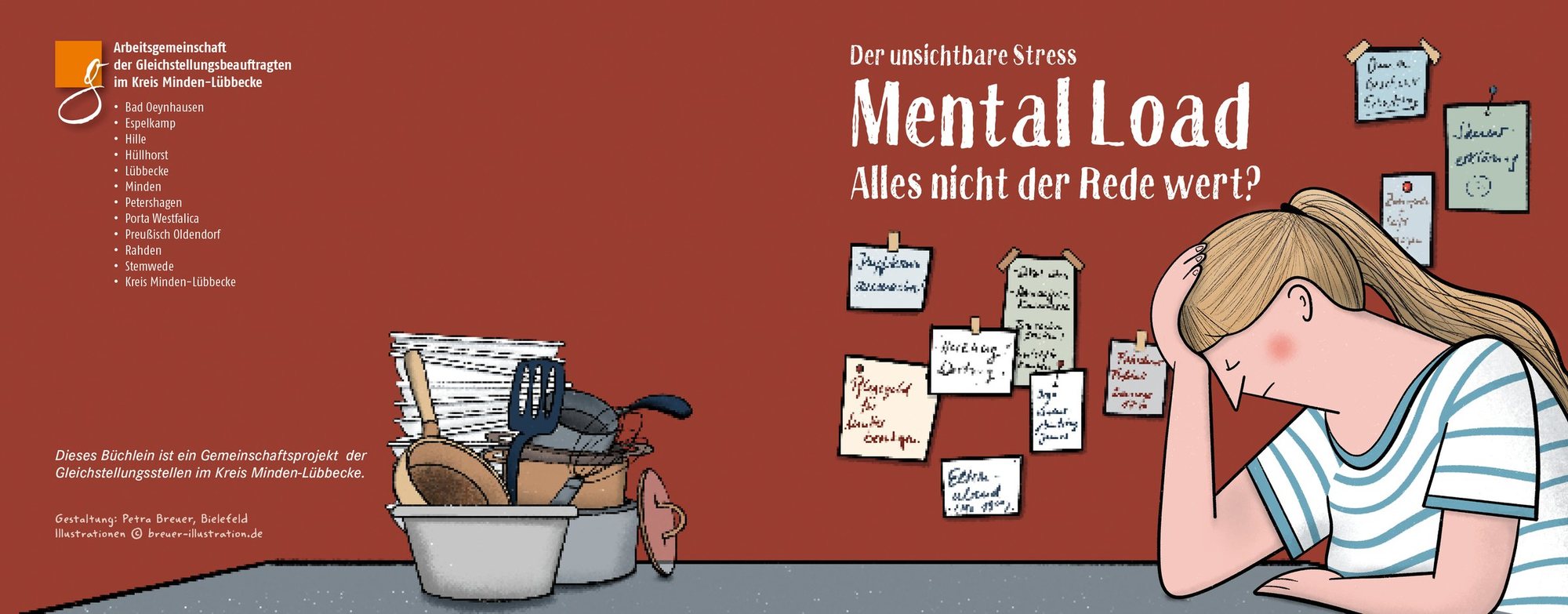 Umschlag der Fibel „Der unsichtbare Stress – Mental Load. Alles nicht der Rede wert?“ in Dunkelrot: Eine Frau stützt erschöpft den Kopf in die Hand, um sie herum Notizzettel; auf der Rückseite ein Stapel Geschirr und Töpfe