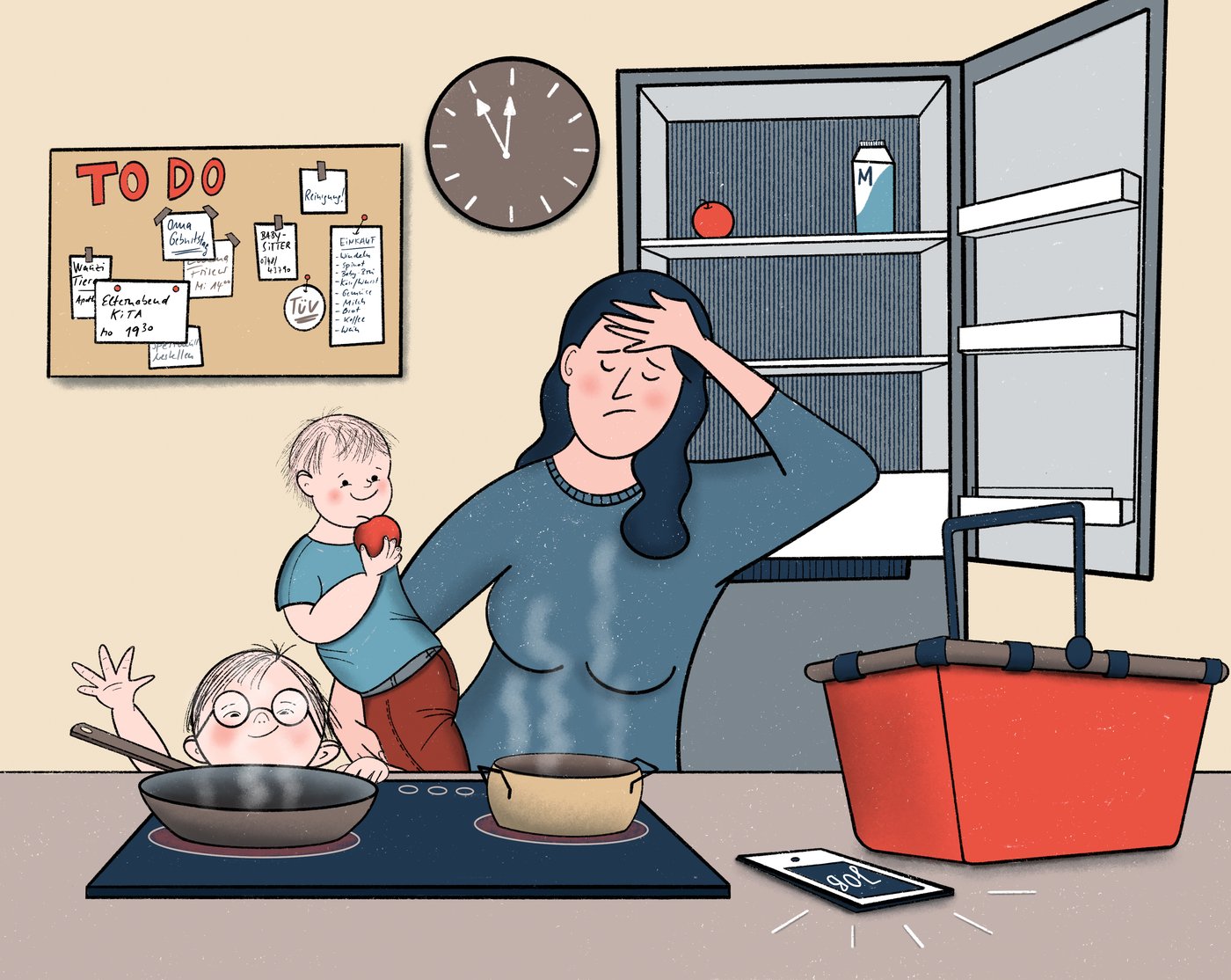 In der Küche: Eine erschöpfte Mutter hält sich den Kopf, auf dem Herd kocht es, ein Kind greift nach einem Apfel, ein zweites winkt; der Kühlschrank steht offen und ist fast leer, an der Pinnwand hängt eine lange To-do-Liste