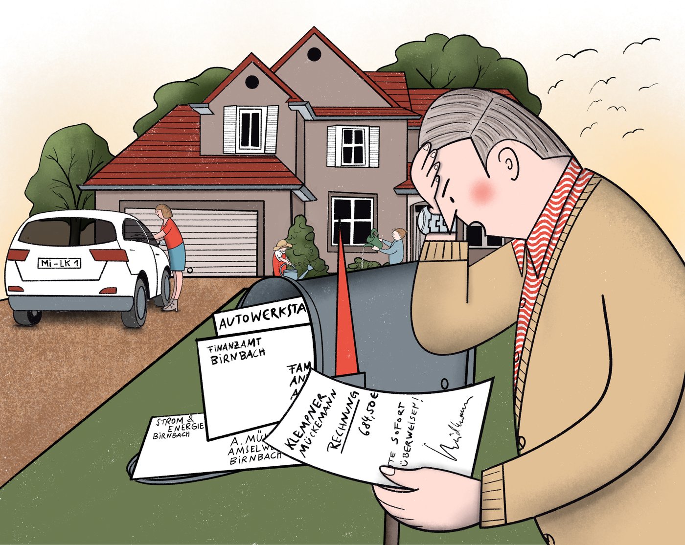 Vor dem Einfamilienhaus: Ein älterer Mann steht am Briefkasten und fasst sich an die Stirn, in der Hand eine Klempnerrechnung, im Briefkasten Post vom Finanzamt, der Autowerkstatt und dem Stromversorger; hinter ihm lädt eine Frau das Auto aus, im Garten arbeiten zwei weitere