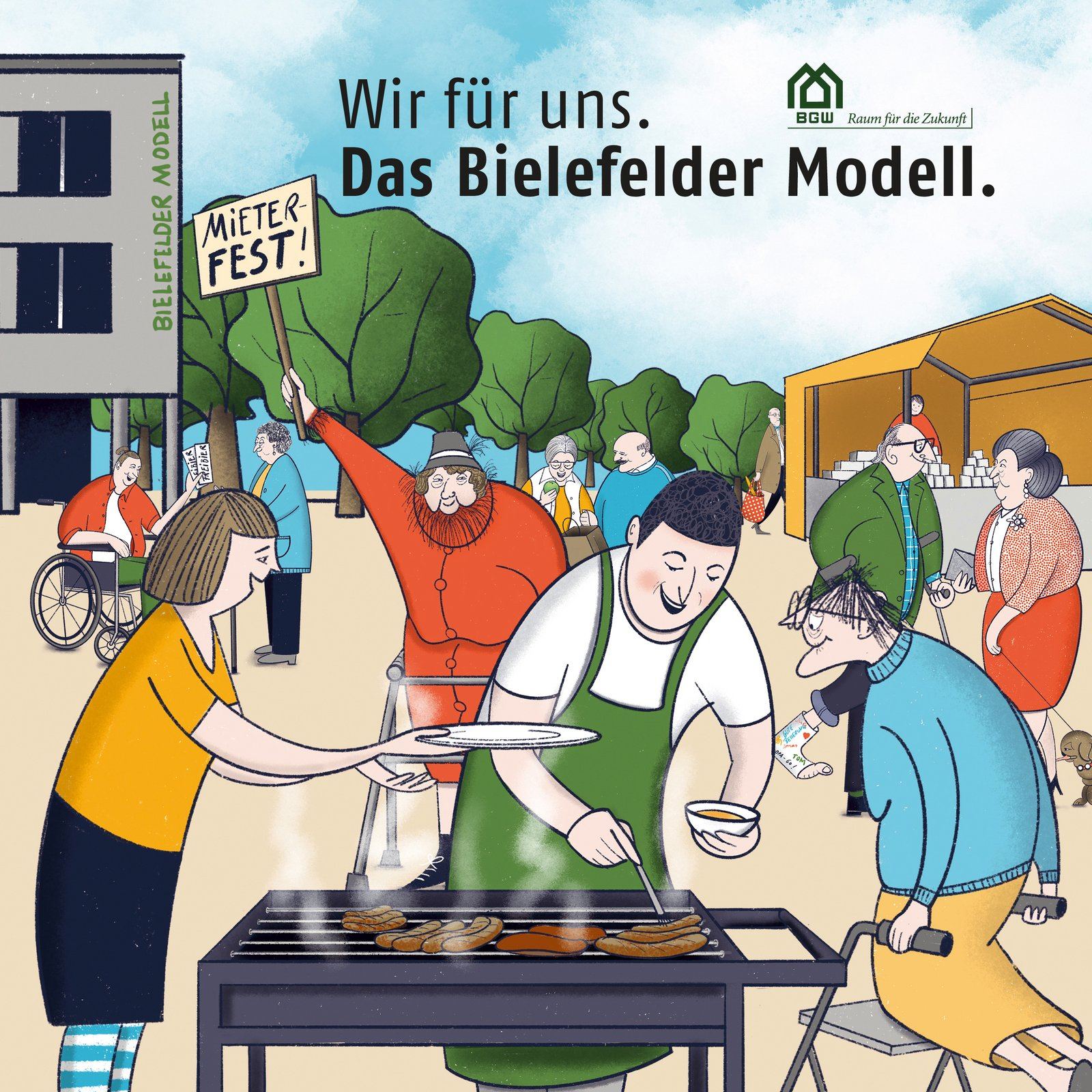 Titel der quadratischen Fibel „Wir für uns. Das Bielefelder Modell.“: Beim Mieterfest grillt ein Mann Würstchen, Nachbarn jeden Alters feiern zusammen, einer hält ein Schild „Mieterfest!“ hoch