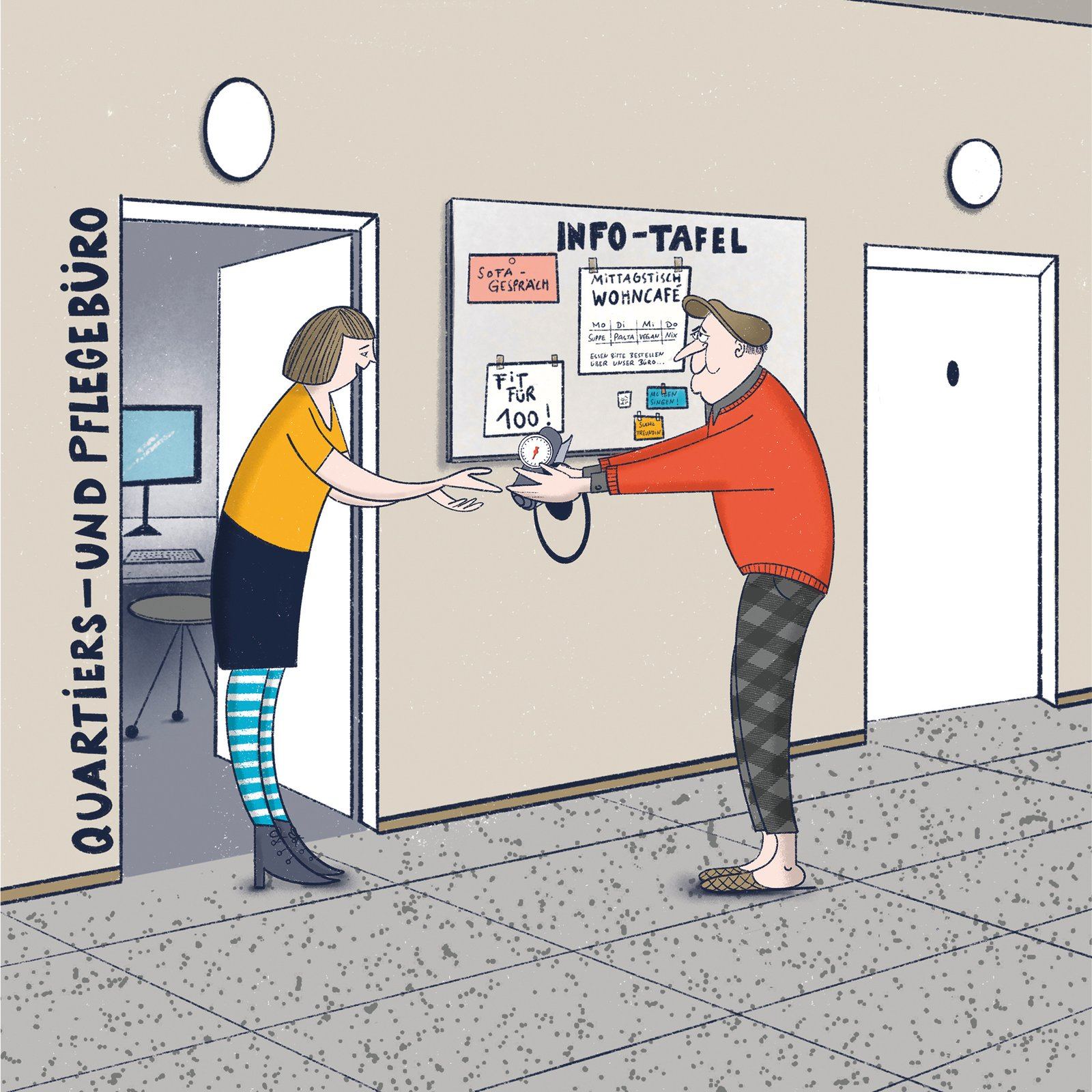 Vor dem Quartiers- und Pflegebüro: Eine Mitarbeiterin überreicht einem Mann in Pantoffeln etwas, an der Wand hängt eine Info-Tafel