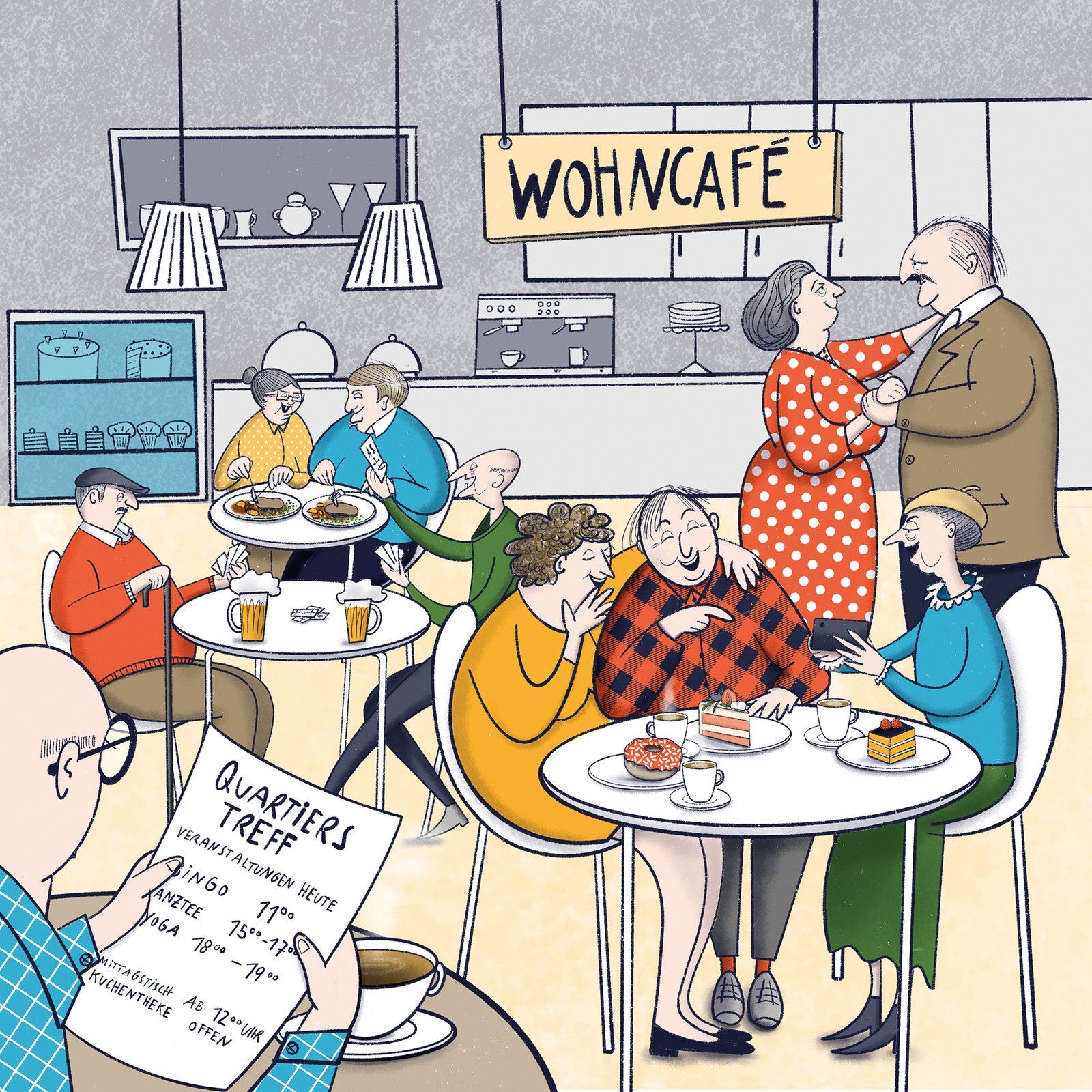 Im Wohncafé: Nachbarn sitzen bei Kaffee und Kuchen zusammen, ein Paar tanzt, vorn liest jemand den Aushang vom Quartierstreff