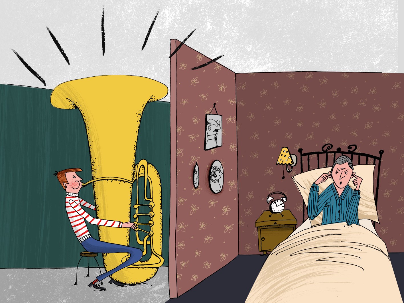 Illustration: Ein Mann spielt laut Tuba, im Zimmer nebenan hält sich ein Nachbar im Bett die Ohren zu