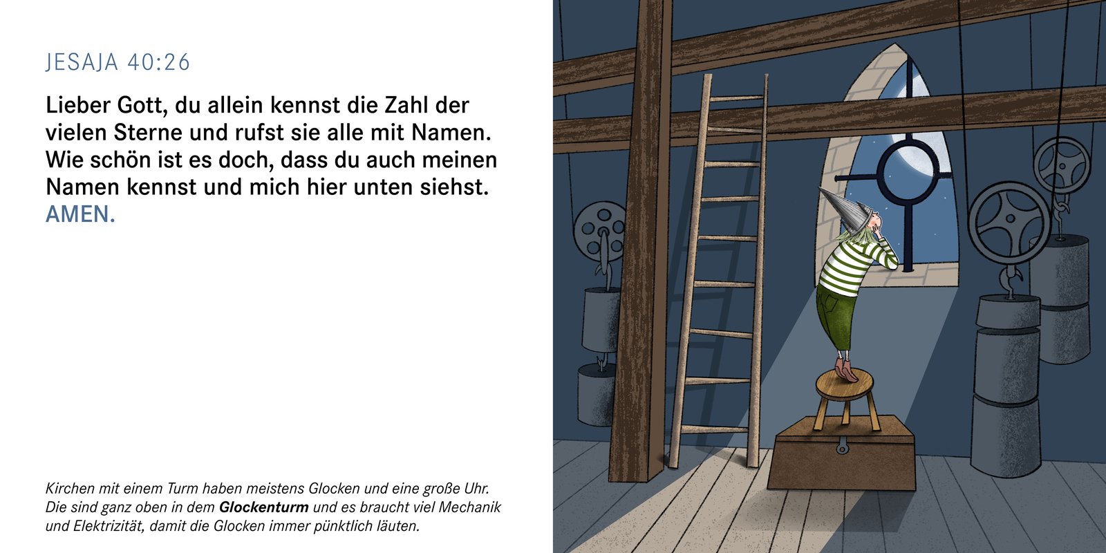 Doppelseite: links das Gebet zu Jesaja 40,26 und eine Erklärung zum Glockenturm, rechts Paulina im Glockenstuhl am Fenster mit Blick auf den Mond