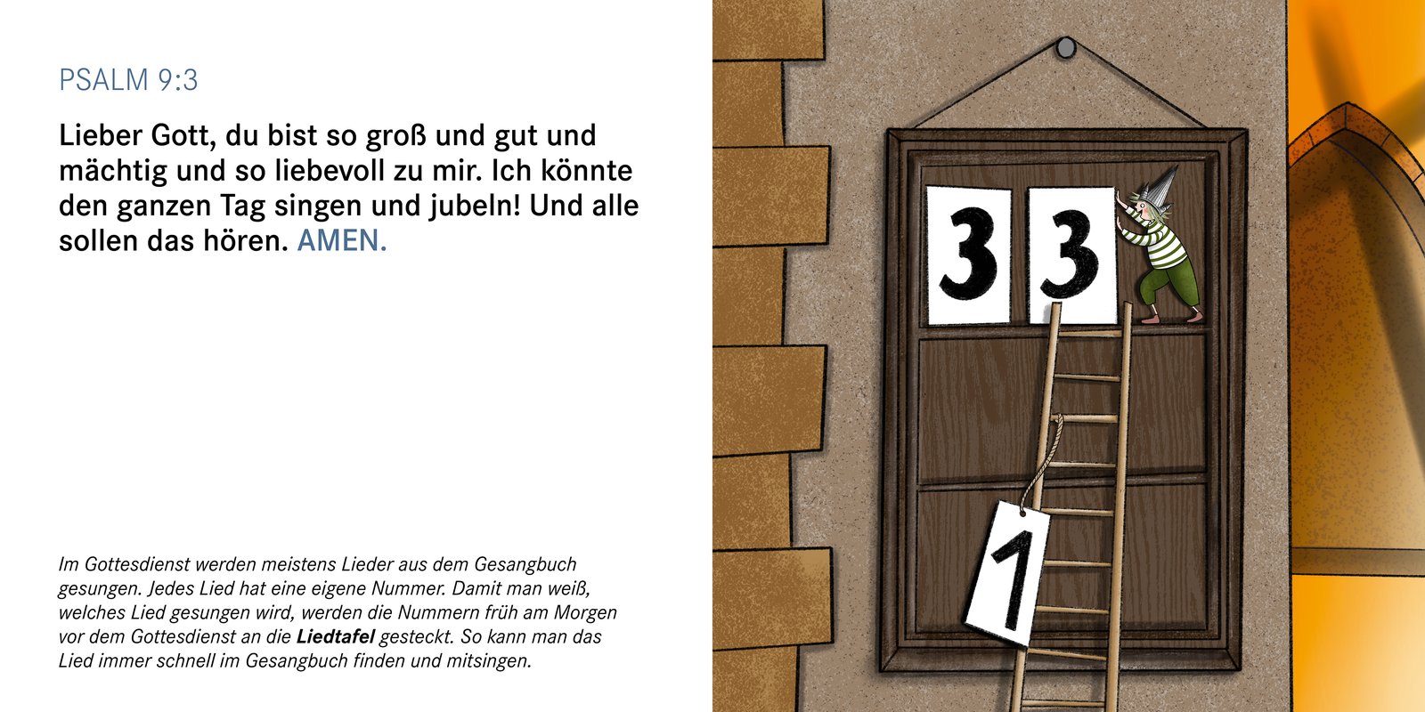 Doppelseite: links das Gebet zu Psalm 9,3 und eine Erklärung zur Liedtafel, rechts Paulina auf einer Leiter beim Einstecken der Liednummern