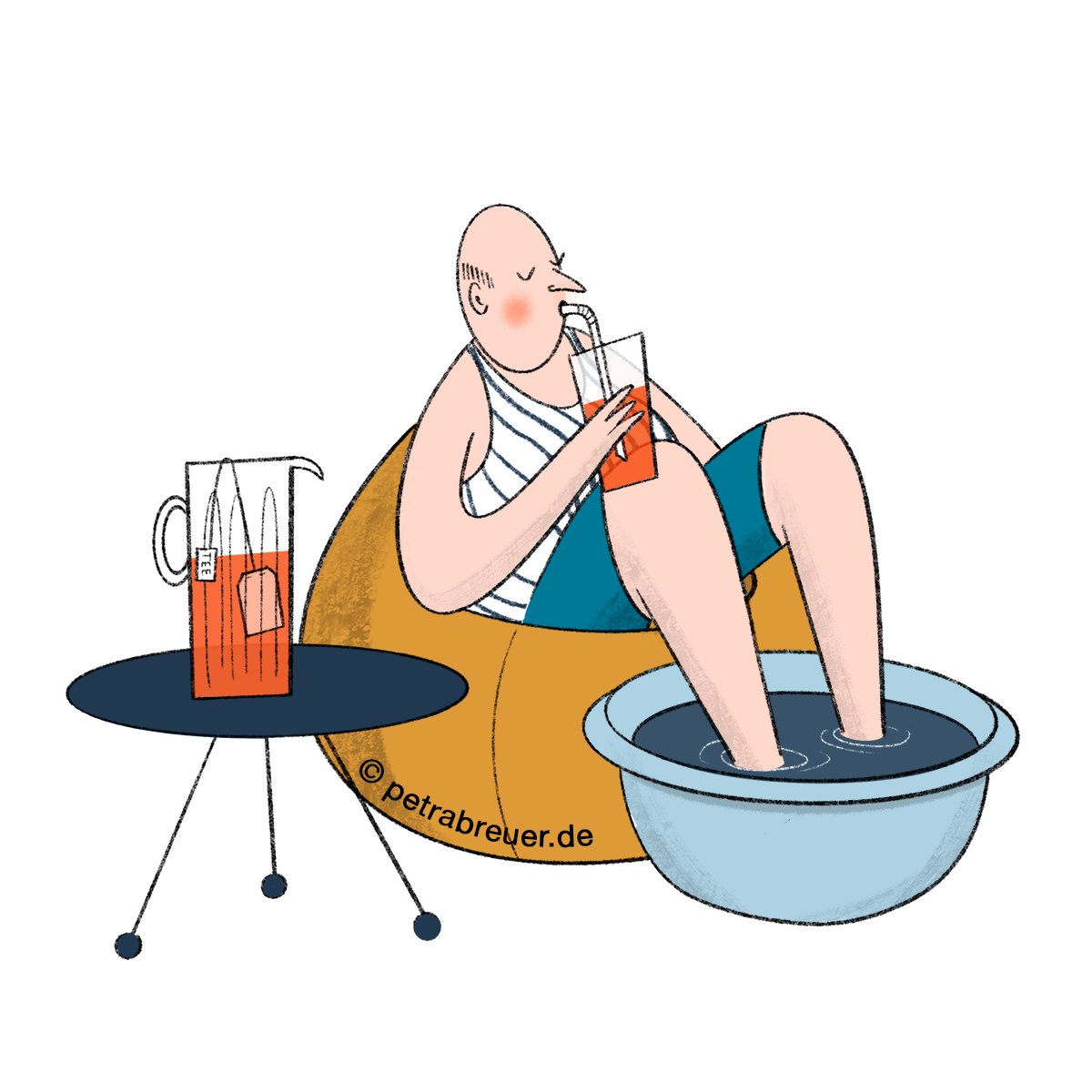 Illustration: Ein Mann sitzt auf einem Sitzsack, trinkt kalten Tee mit Strohhalm und kühlt die Füße in einer Wasserschüssel