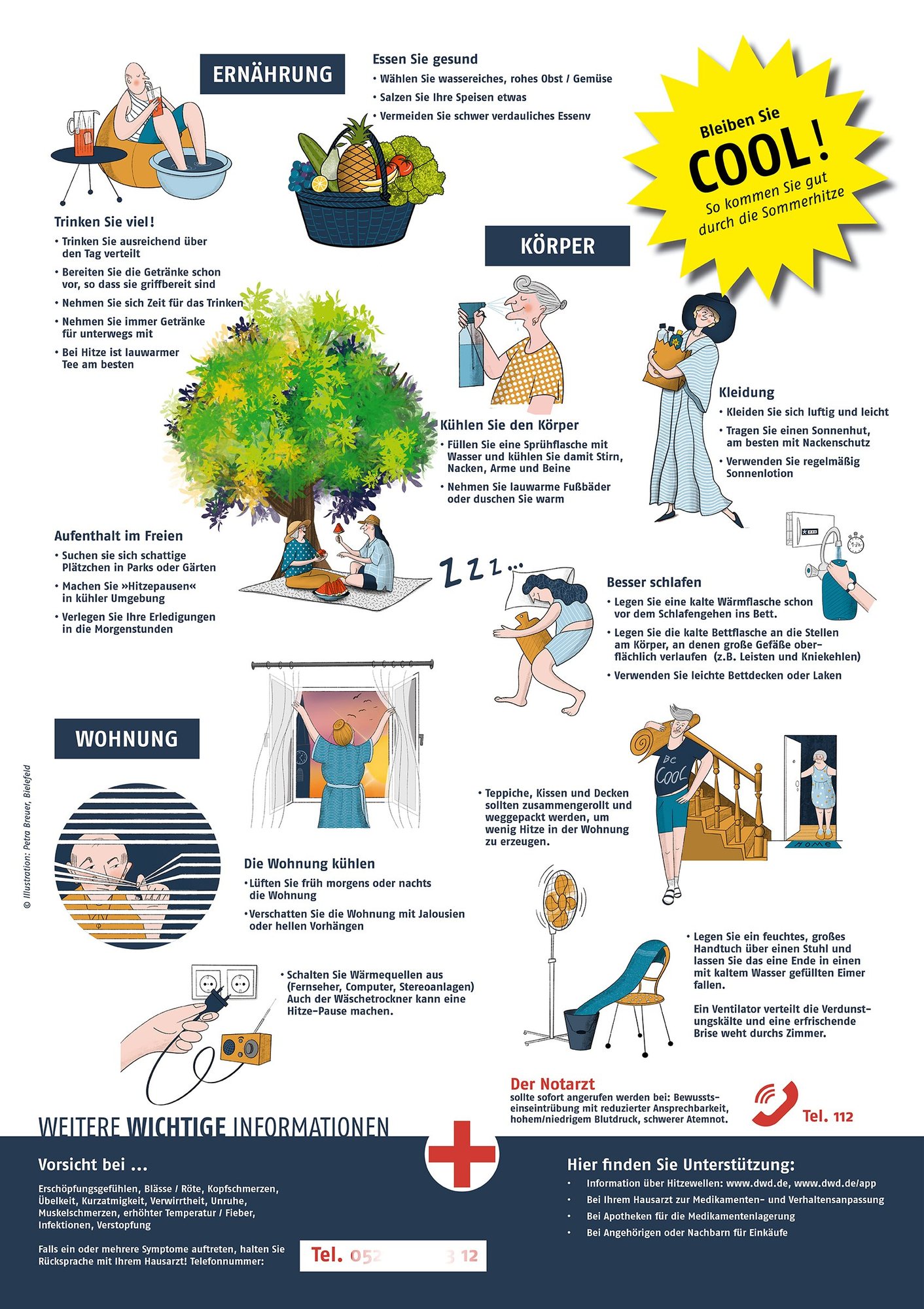 Plakat „Bleiben Sie cool!“ mit gezeichneten Hitze-Tipps zu Ernährung, Körper, Kleidung, Schlafen und Wohnung, unten Hinweise zum Notarzt
