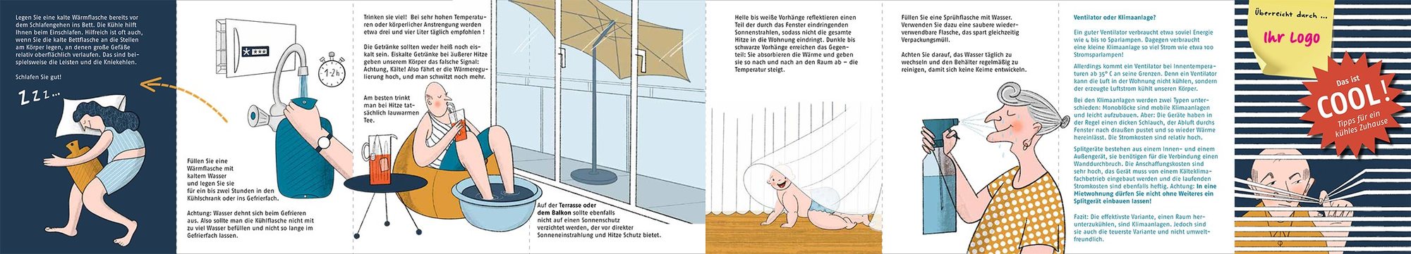 Leporello, Außenseite: Titel mit Logo-Platz und gezeichnete Szenen mit Tipps gegen die Hitze