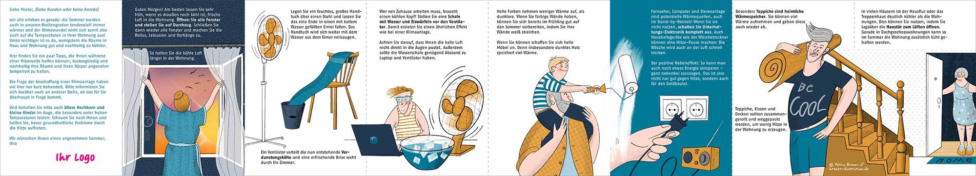 Leporello, Innenseite: weitere gezeichnete Tipps, etwa Vorhänge schließen, Elektrogeräte ausschalten und kühl duschen