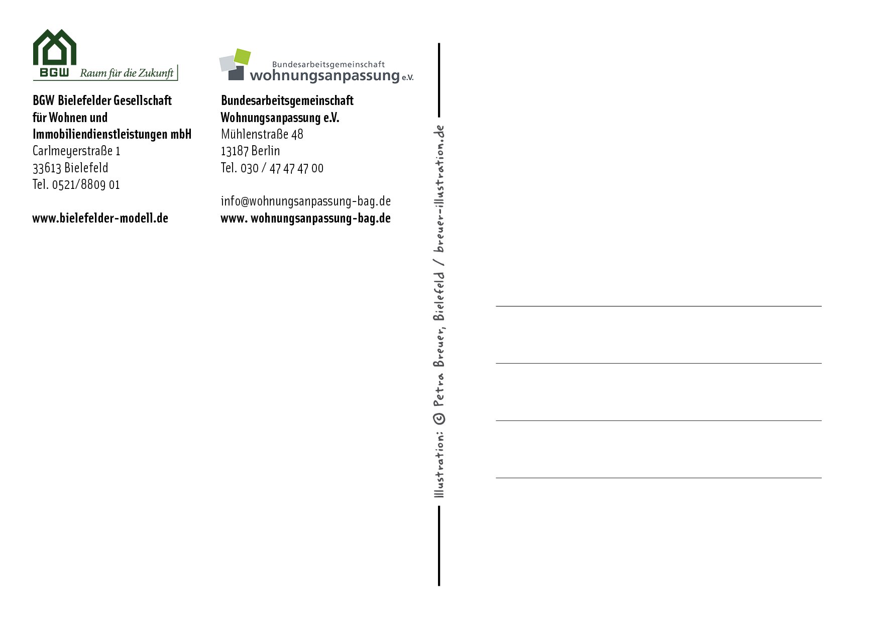 Rückseite der Postkarten mit den Logos und Adressen der BGW Bielefeld und der Bundesarbeitsgemeinschaft Wohnungsanpassung