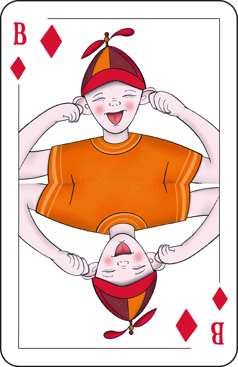 Spielkarte Karo Bube: ein lachender Junge mit Propellermütze steckt sich die Finger in die Ohren