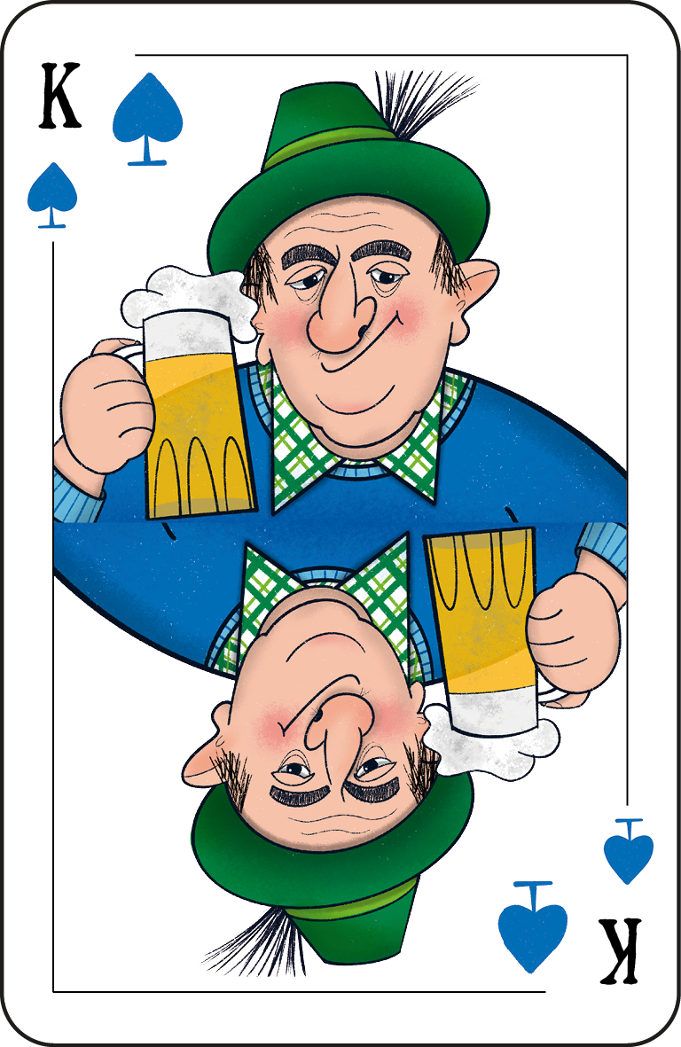 Spielkarte Pik König: ein Mann mit grünem Trachtenhut und Fliege hebt einen Bierkrug