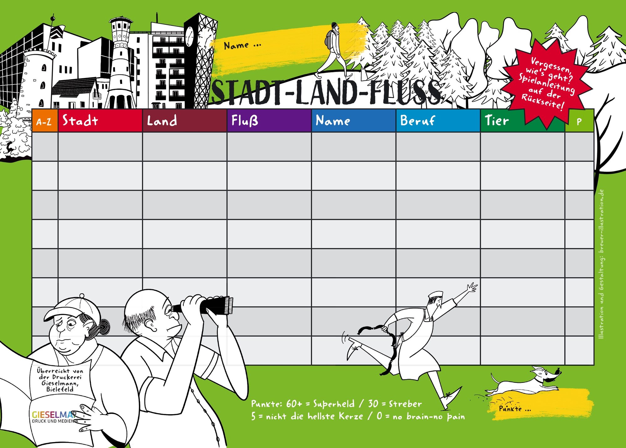 Spielblatt „Stadt-Land-Fluss“: oben eine gezeichnete Bielefelder Stadtsilhouette und ein Wald, darunter die Tabelle mit Stadt, Land, Fluss, Name, Beruf und Tier, unten Figuren mit Fernglas und Landkarte