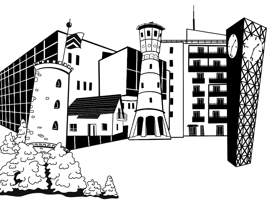 Freigestellte Illustration: Bielefelder Stadtsilhouette mit Sparrenburg-Turm, Wasserturm, Hochhäusern, einem Uhrturm und Bäumen in Schwarz-Weiß