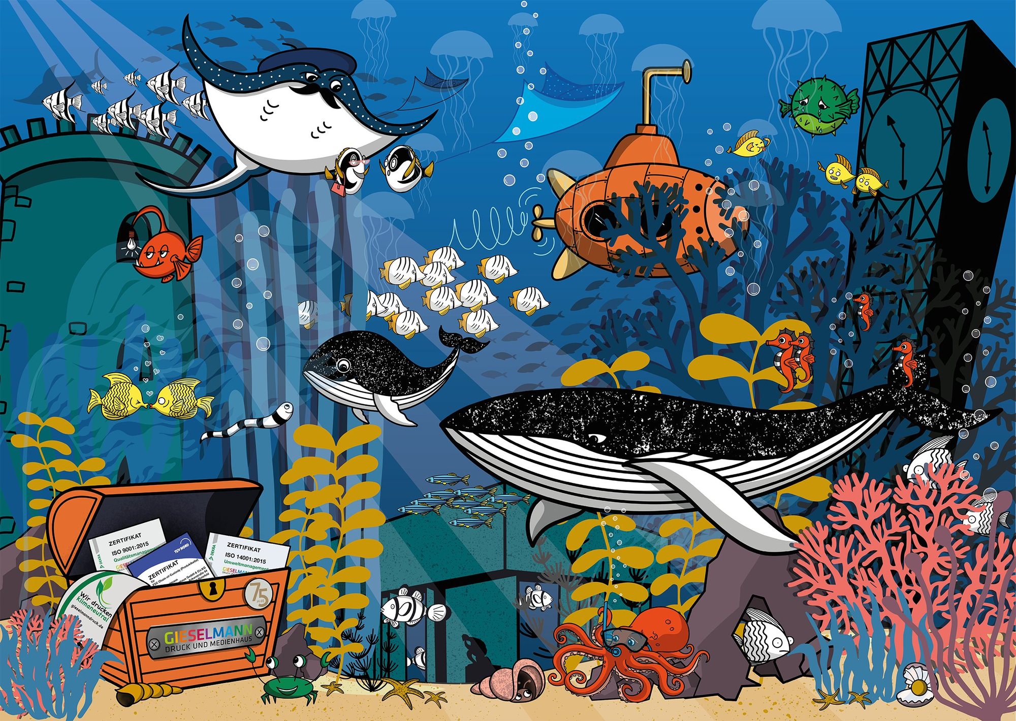 Puzzlemotiv: eine bunte Unterwasserwelt mit Wal, Manta, U-Boot, Schatztruhe, Korallen und vielen Fischen