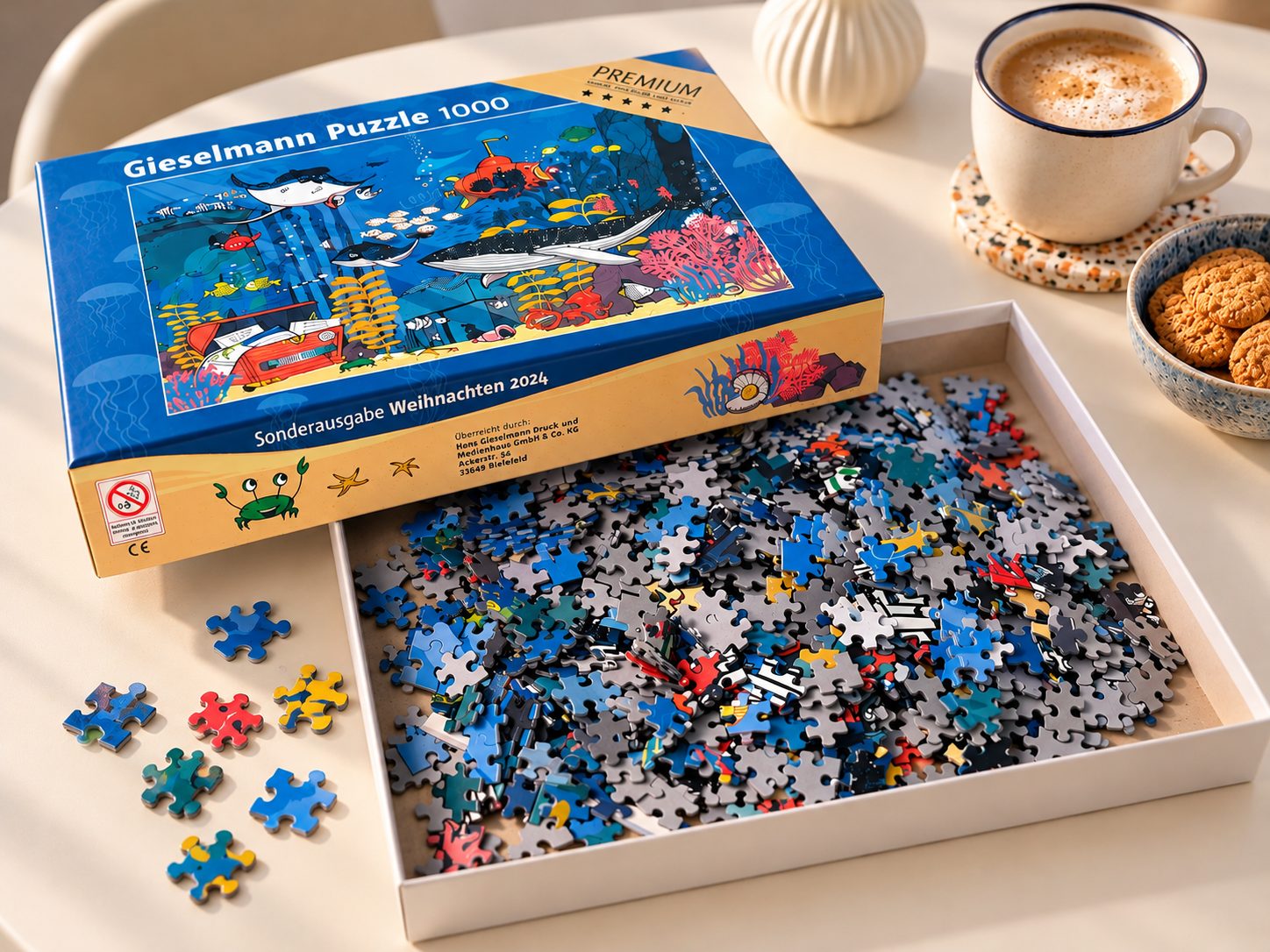 Die Puzzleschachtel „Gieselmann Puzzle 1000 – Sonderausgabe Weihnachten 2024“ auf einem Tisch, daneben lose Puzzleteile, Kaffee und Kekse