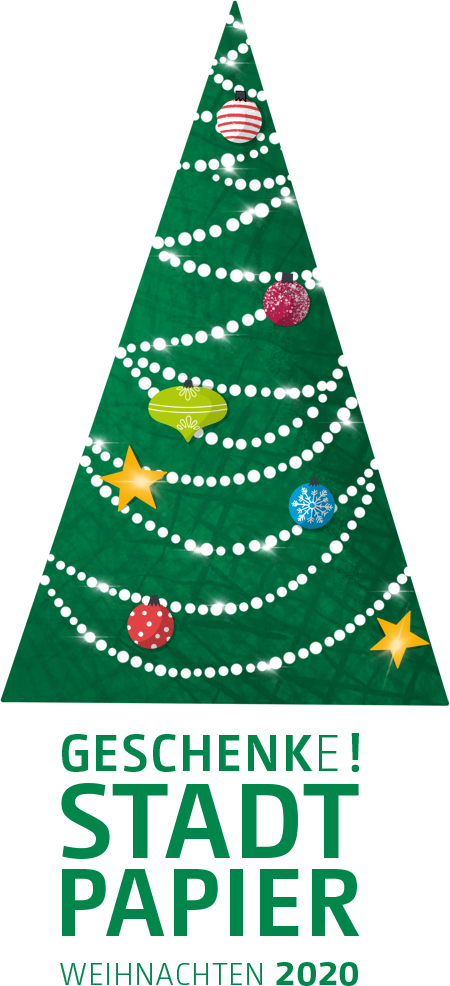 Cover des Geschenkpapierbuchs: grüner Weihnachtsbaum mit Lichterkette, darunter „Geschenke! Stadtpapier – Weihnachten 2020“