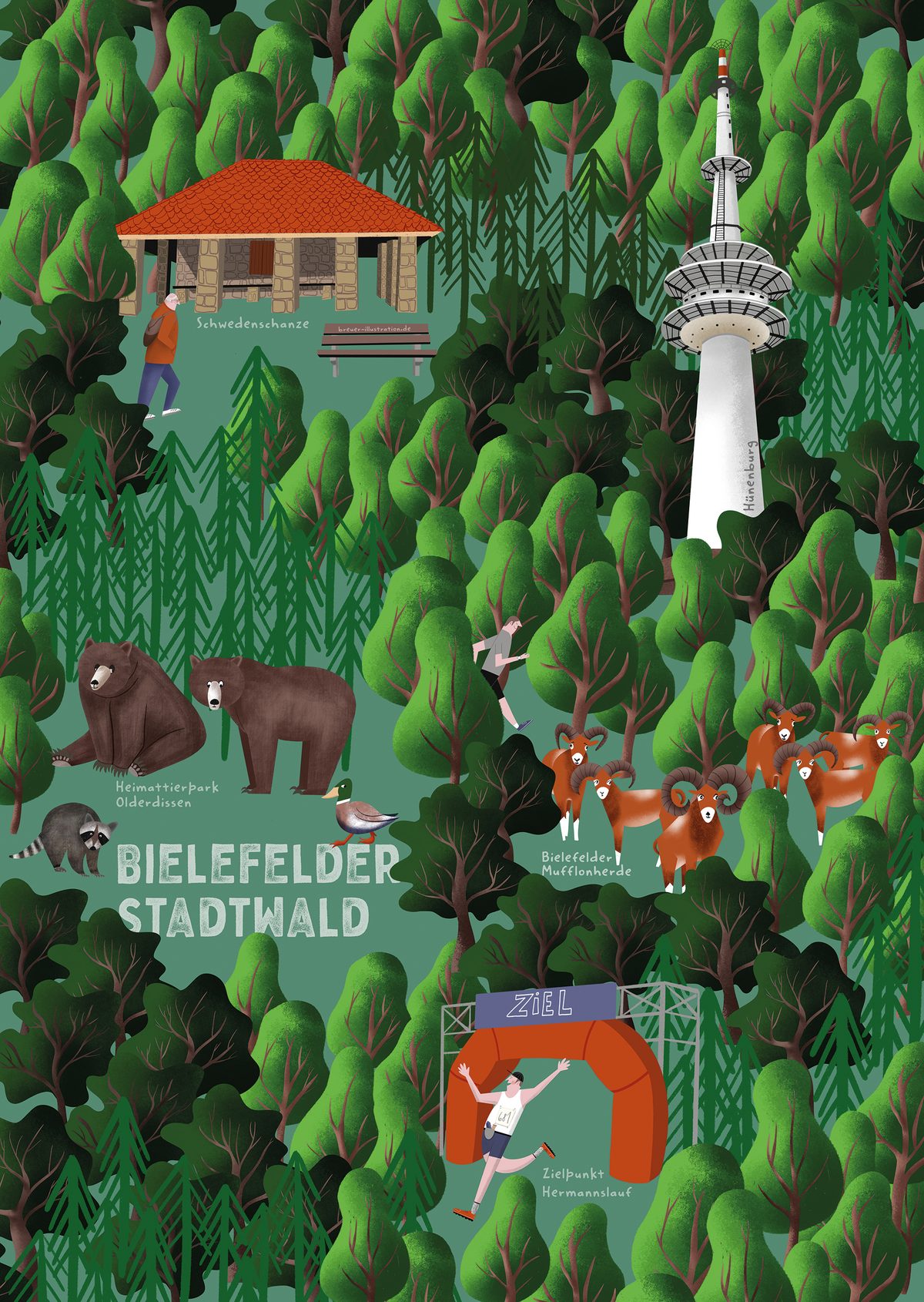 Geschenkpapier „Bielefelder Stadtwald“: Wald mit Hütte, Fernsehturm, Bären, Rehen und einem Läufer