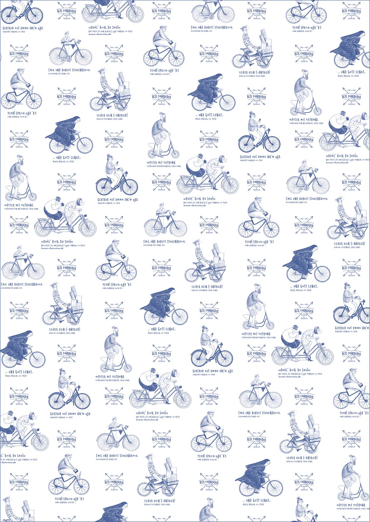 Geschenkpapier mit Fahrrad-Muster in Blau auf Weiß